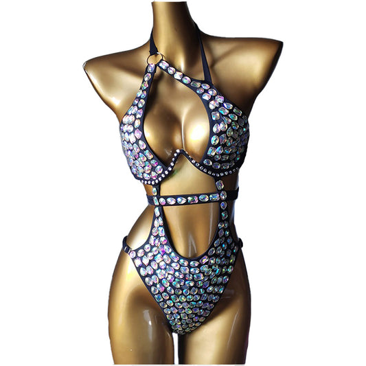HORAE Luxury Rhinestone Embellished Cutout Monokini Swimwear for Festival & Stage Performance
