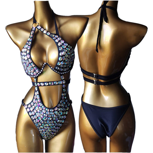 HORAE Luxury Rhinestone Embellished Cutout Monokini Swimwear for Festival & Stage Performance