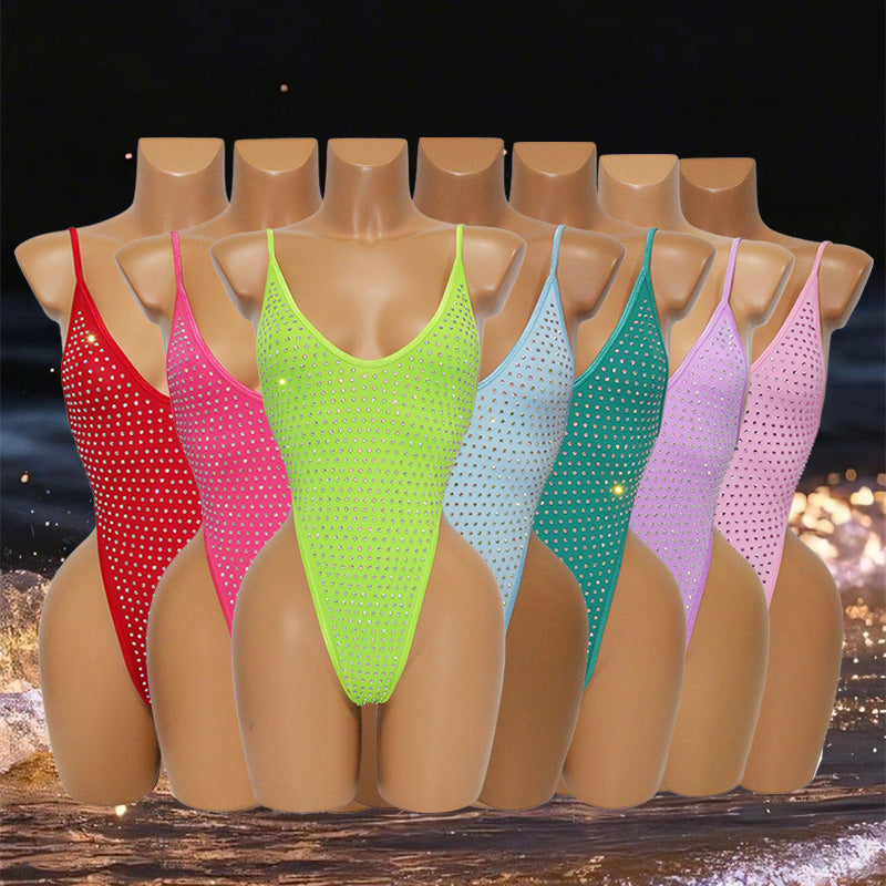 HORAE Glitter Rhinestone Deep V Backless High Cut Monokini Swimsuit