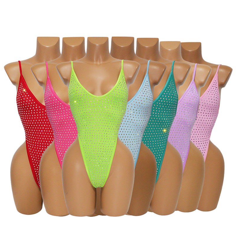 HORAE Glitter Rhinestone Deep V Backless High Cut Monokini Swimsuit