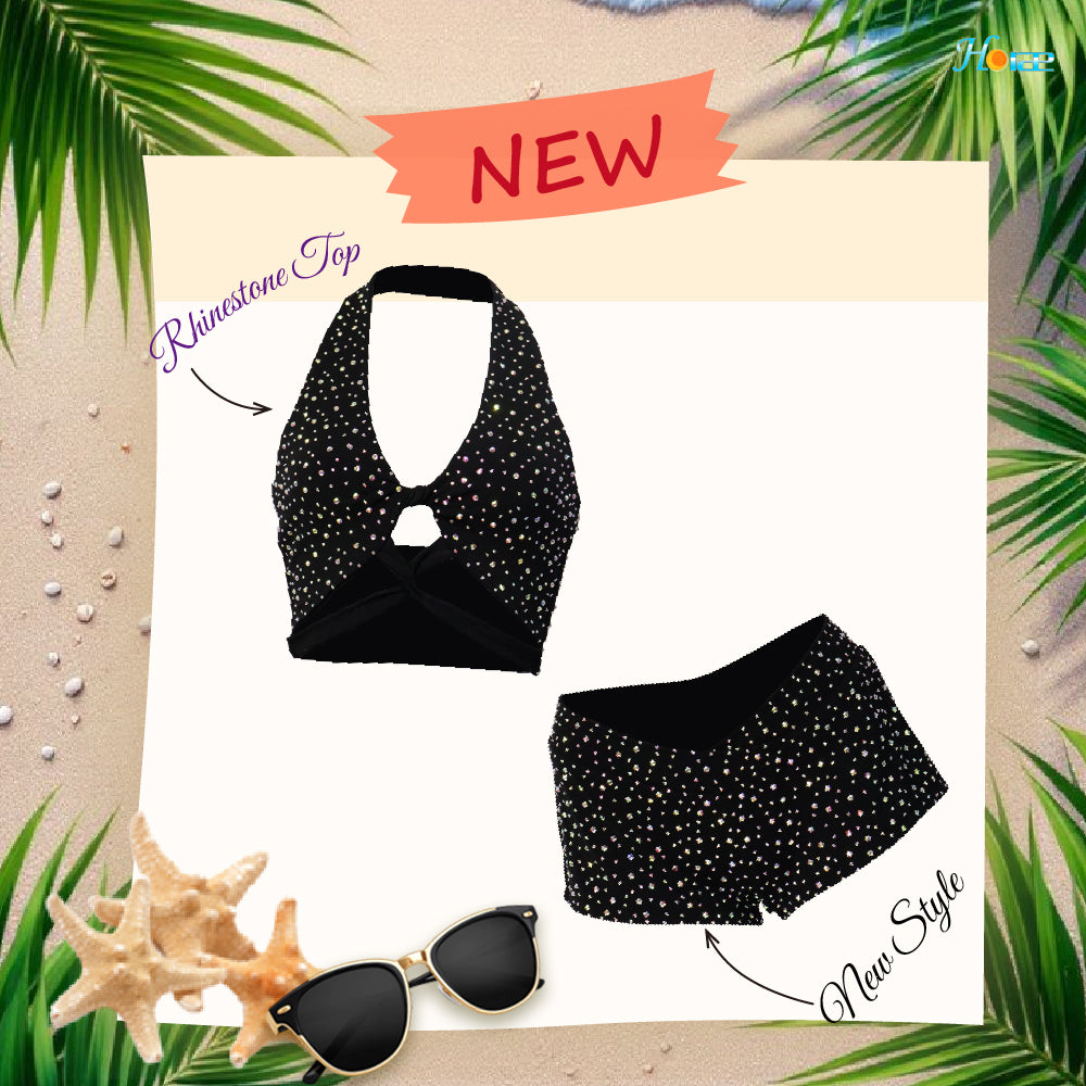 HORAE Women's Glitter Crystal Halter Cutout Backless Shorts Set for Clubwear Rave & Festival Outfit