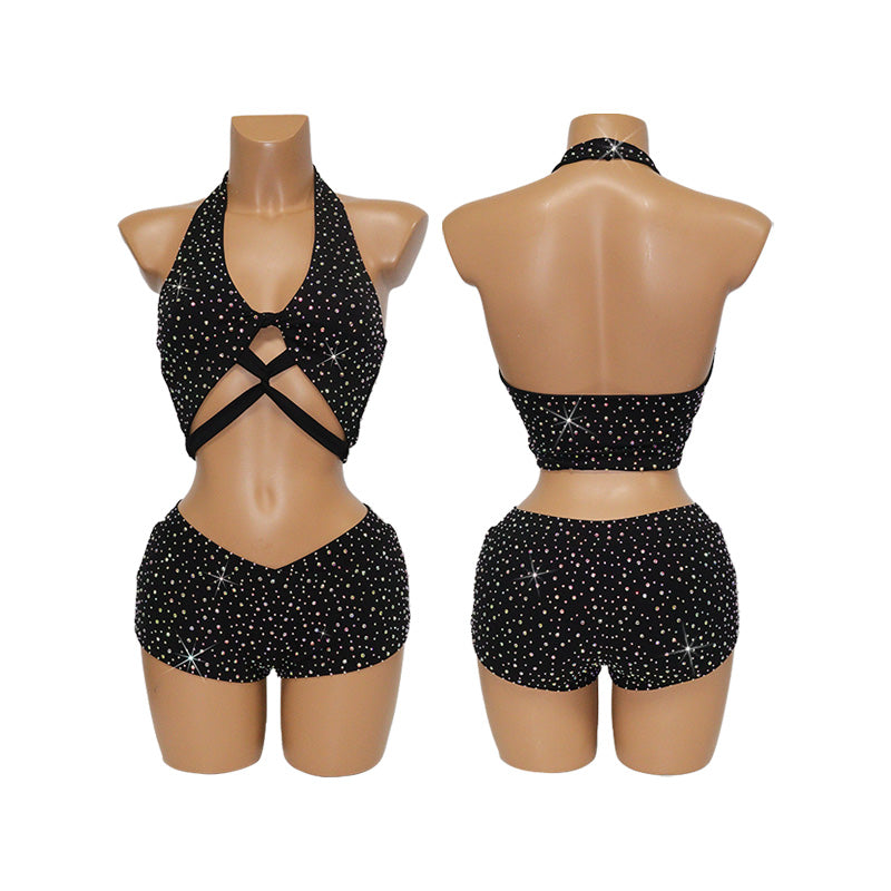 HORAE Women's Glitter Crystal Halter Cutout Backless Shorts Set for Clubwear Rave & Festival Outfit