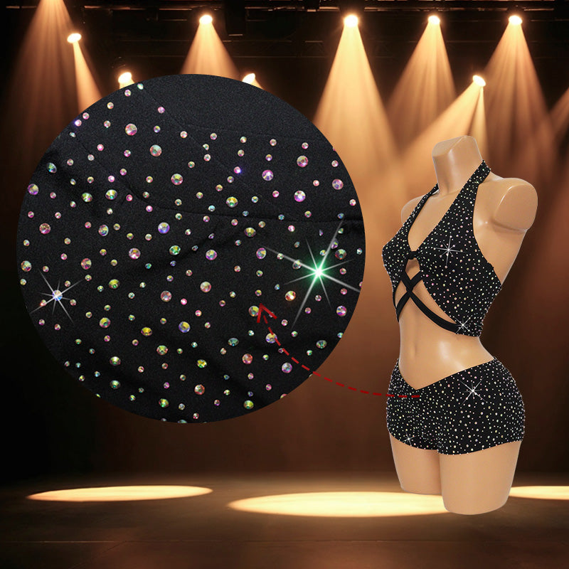 HORAE Women's Glitter Crystal Halter Cutout Backless Shorts Set for Clubwear Rave & Festival Outfit