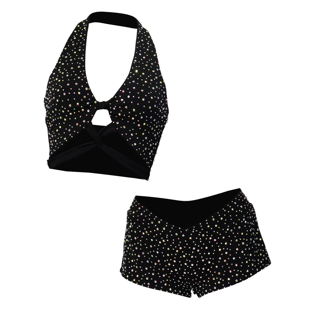 HORAE Women's Glitter Crystal Halter Cutout Backless Shorts Set for Clubwear Rave & Festival Outfit