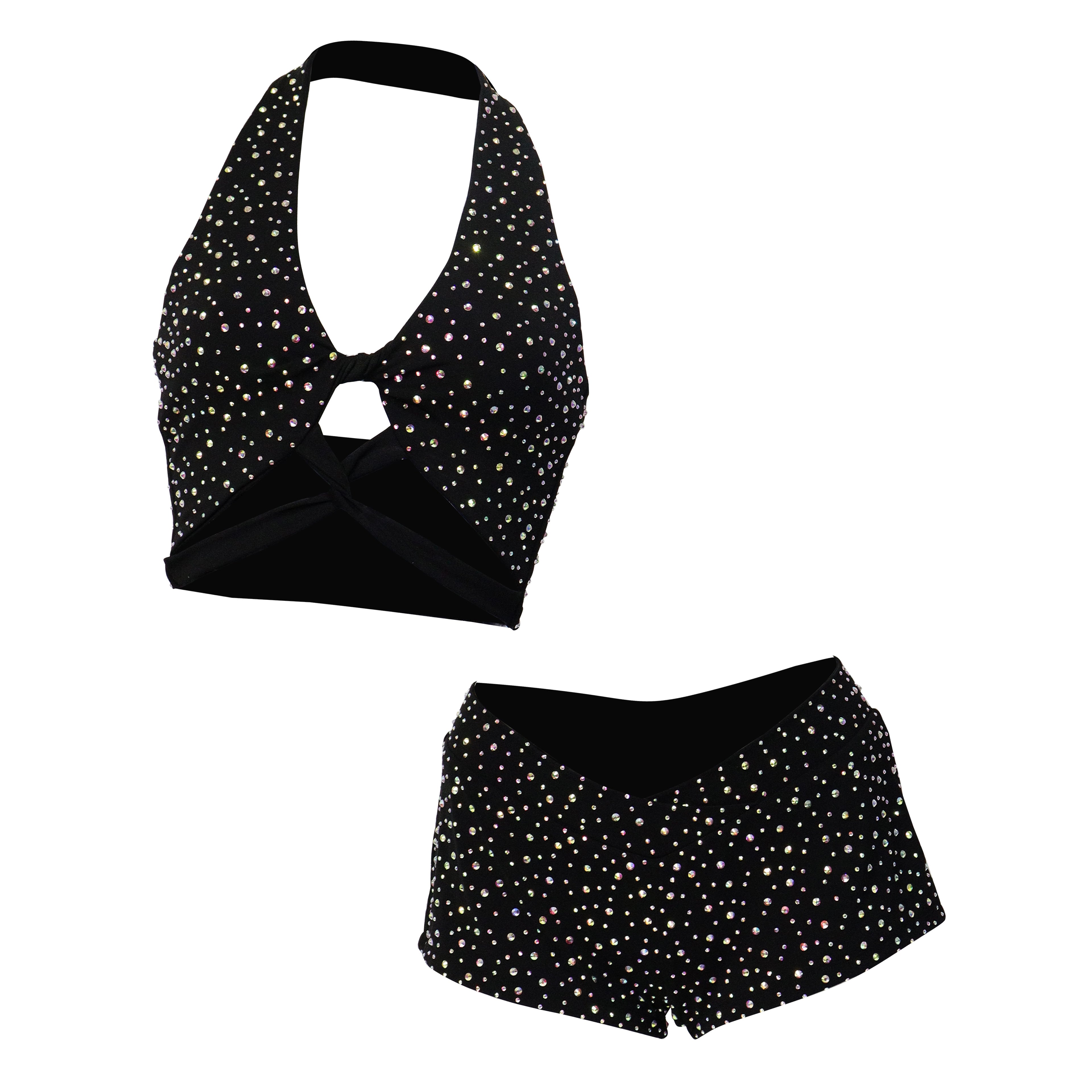 HORAE Women's Glitter Crystal Halter Cutout Backless Shorts Set for Clubwear Rave & Festival Outfit
