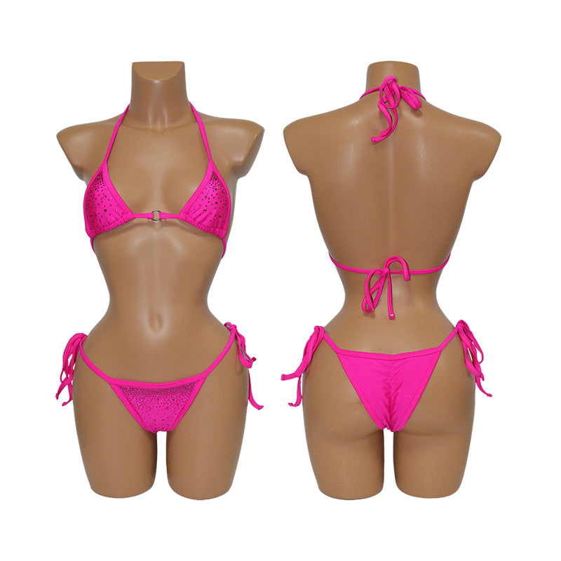HORAE Bright Pink Glitter Rhinestone Tie-Side Bikini Bathing Suit