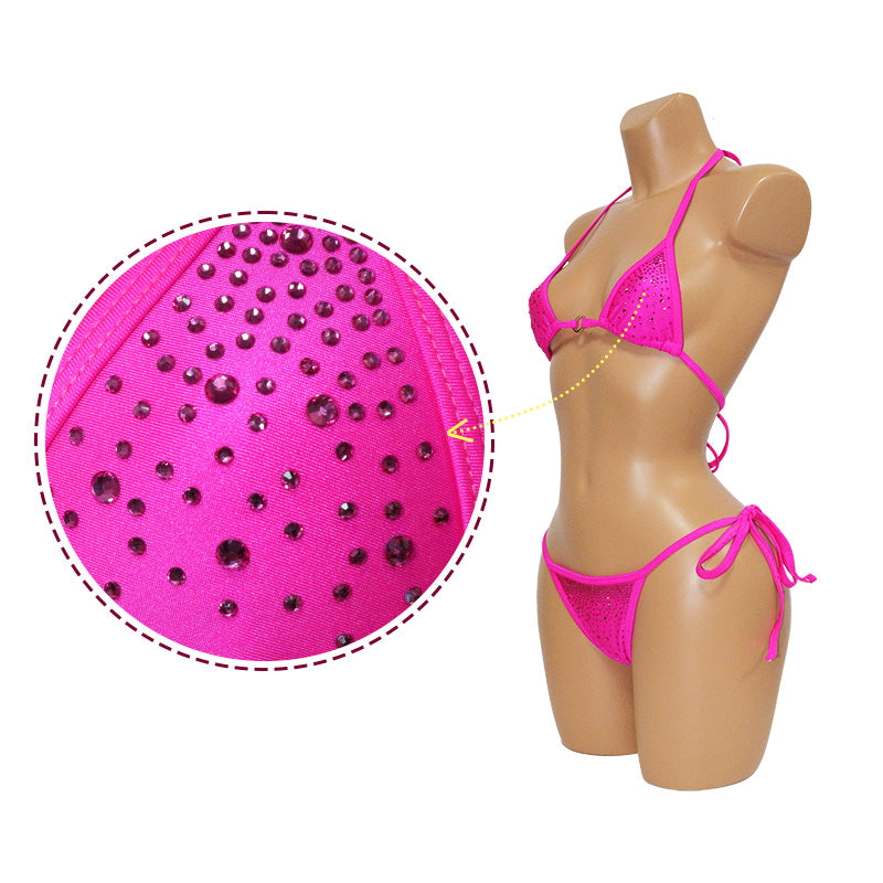 HORAE Bright Pink Glitter Rhinestone Tie-Side Bikini Bathing Suit