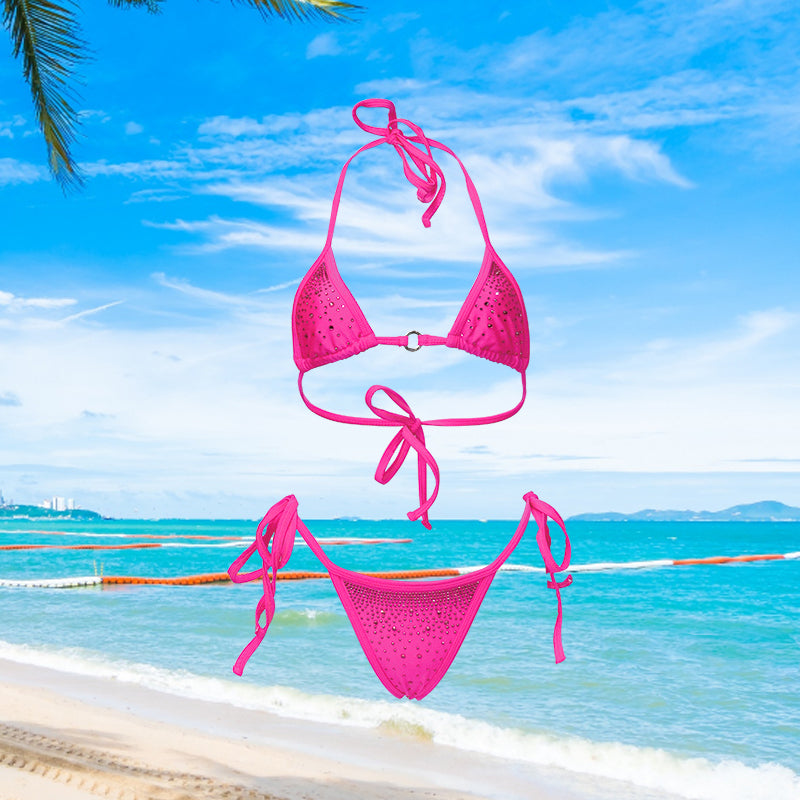 HORAE Bright Pink Glitter Rhinestone Tie-Side Bikini Bathing Suit