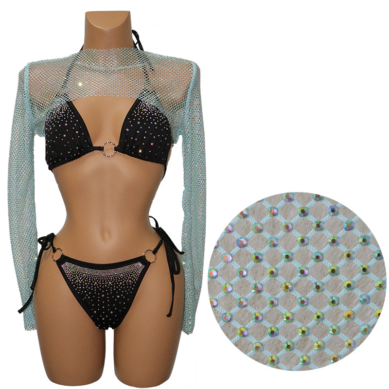 HORAE Sparkly Crystal Mesh Long Sleeve Crop Top Cover Up for Women