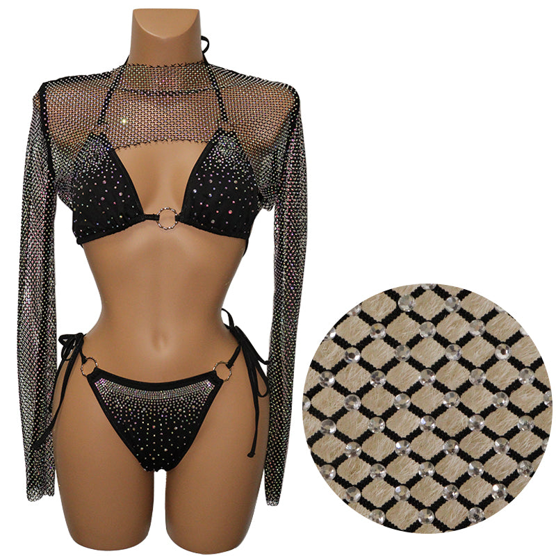 HORAE Sparkly Crystal Mesh Long Sleeve Crop Top Cover Up for Women