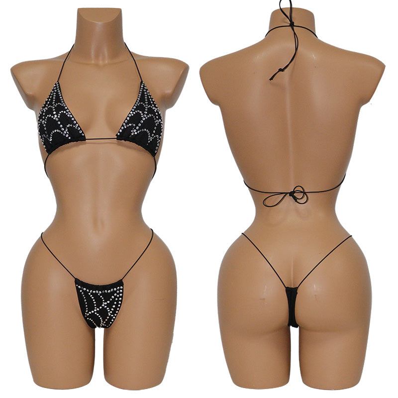 HORAE Sparkly Diamond Spiderweb Extreme Micro Thong Bikini Set for Women Club & Festival Wear