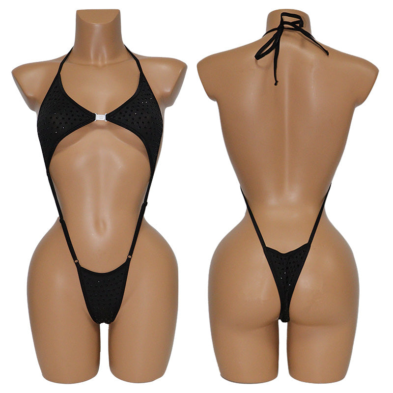 HORAE Glitter Crystal Extreme High-Cut Sling Thong One Piece Festival Swimwear