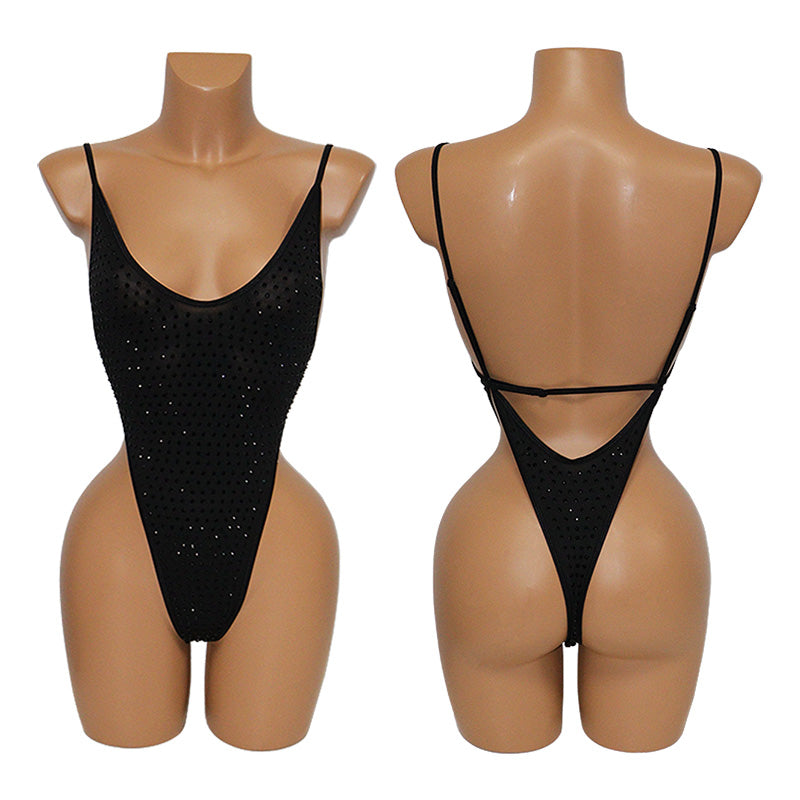 HORAE Glitter Rhinestone Deep V Backless High Cut Monokini Swimsuit