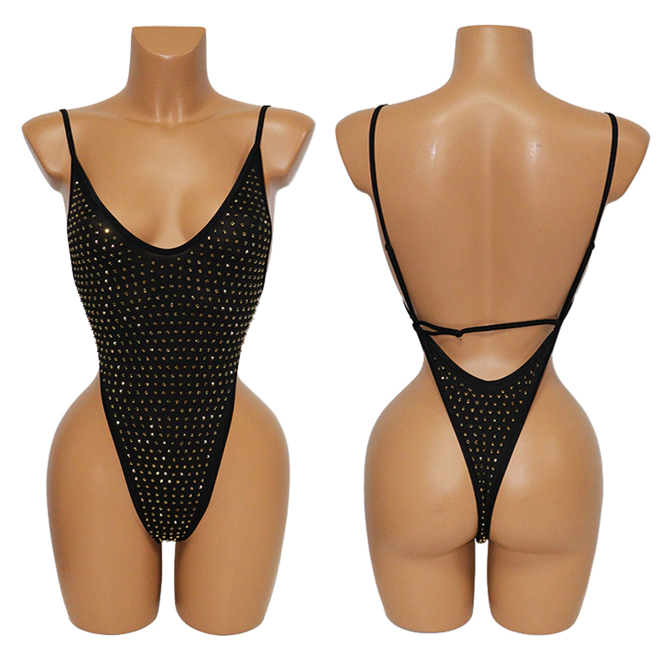 HORAE Glitter Rhinestone Deep V Backless High Cut Monokini Swimsuit