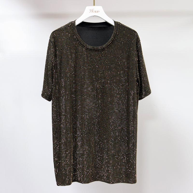 HORAE Shiny Full Diamond Crew Neck Short Sleeve Oversized T-Shirt Top