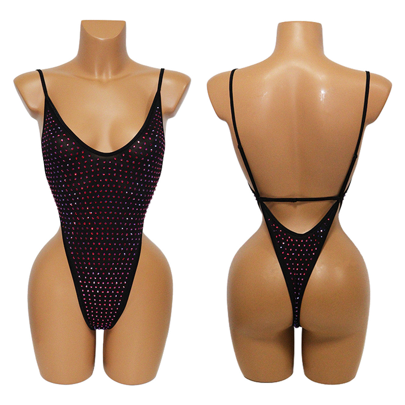 HORAE Glitter Rhinestone Deep V Backless High Cut Monokini Swimsuit