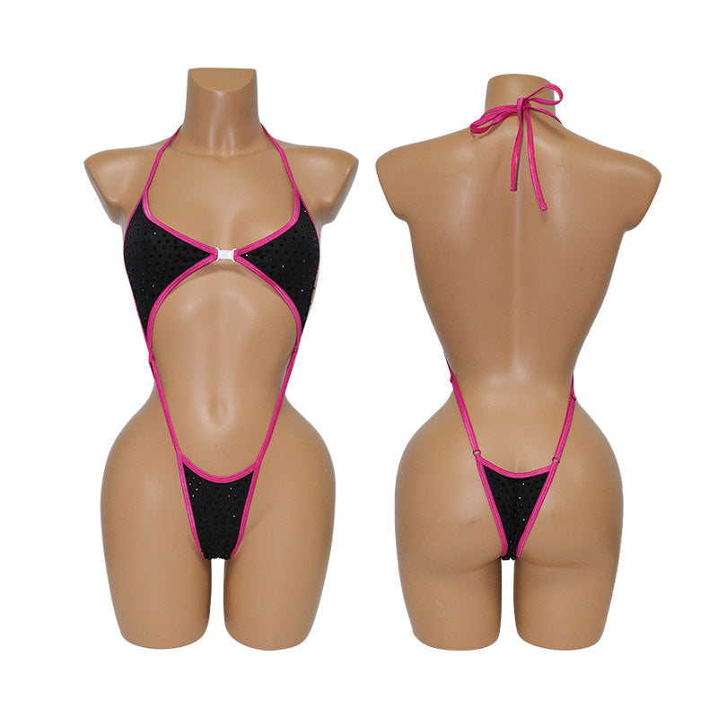 HORAE Glitter Crystal Extreme High-Cut Sling Thong One Piece Festival Swimwear