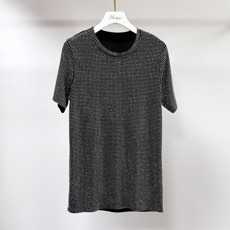 HORAE Shiny Full Diamond Crew Neck Short Sleeve Oversized T-Shirt Top