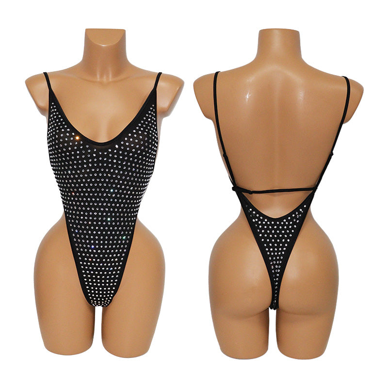 HORAE Glitter Rhinestone Deep V Backless High Cut Monokini Swimsuit