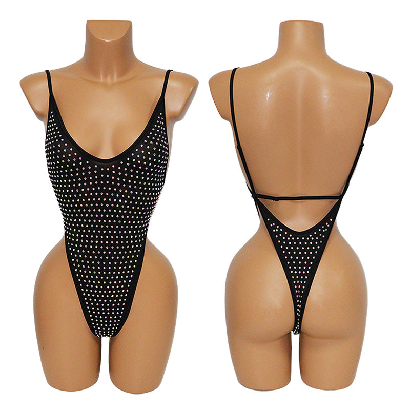 HORAE Glitter Rhinestone Deep V Backless High Cut Monokini Swimsuit