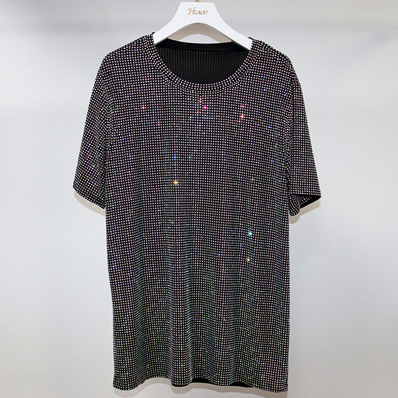 HORAE Shiny Full Diamond Crew Neck Short Sleeve Oversized T-Shirt Top