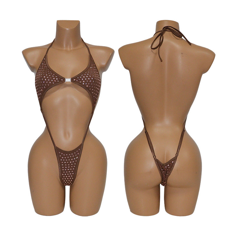 HORAE Glitter Crystal Extreme High-Cut Sling Thong One Piece Festival Swimwear