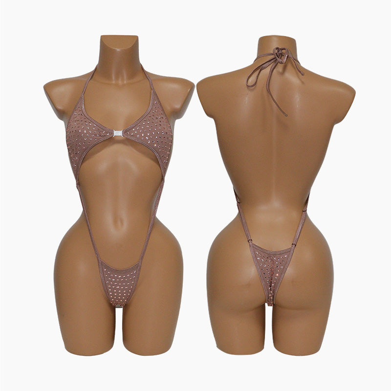 HORAE Glitter Crystal Extreme High-Cut Sling Thong One Piece Festival Swimwear