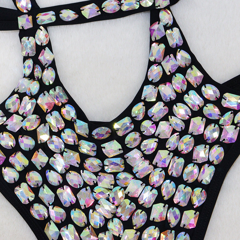 HORAE Luxury Rhinestone Embellished Cutout Monokini Swimwear for Festival & Stage Performance