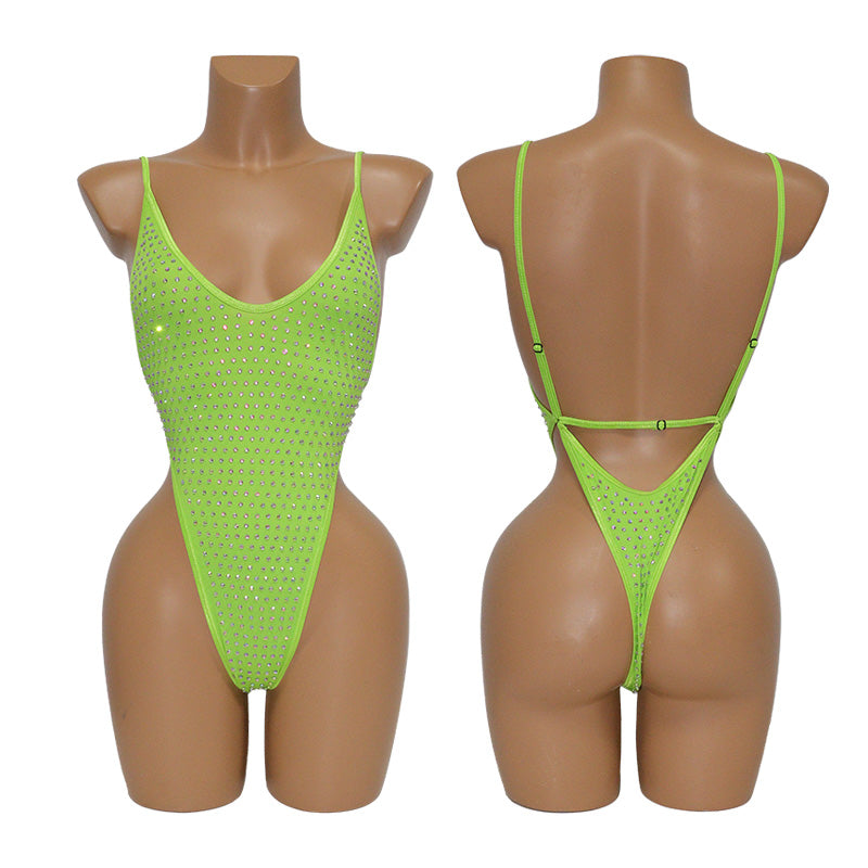 HORAE Glitter Rhinestone Deep V Backless High Cut Monokini Swimsuit