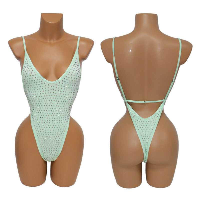HORAE Glitter Rhinestone Deep V Backless High Cut Monokini Swimsuit