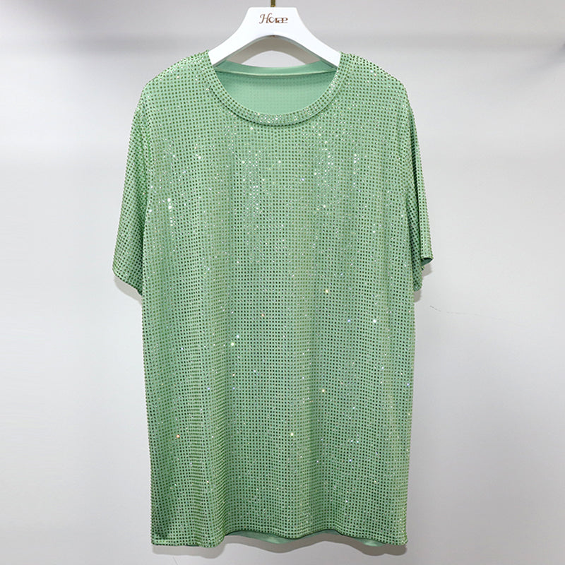 HORAE Shiny Full Diamond Crew Neck Short Sleeve Oversized T-Shirt Top
