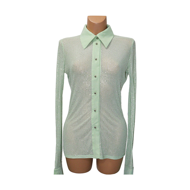 HORAE Sparkly Rhinestone Long Sleeve Button Down Sheer Mesh Shirt for Women
