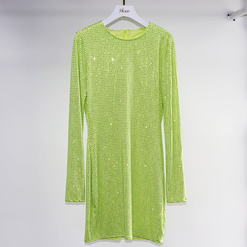 HORAE Glitter Rhinestone Bodycon Long Sleeve Party Mini Dress