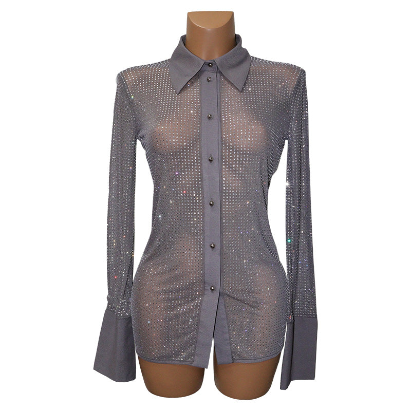 HORAE Sparkly Rhinestone Long Sleeve Button Down Sheer Mesh Shirt for Women