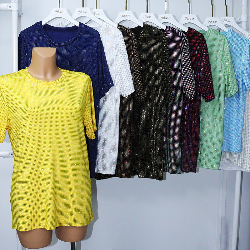HORAE Shiny Full Diamond Crew Neck Short Sleeve Oversized T-Shirt Top