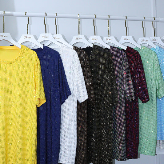 HORAE Shiny Full Diamond Crew Neck Short Sleeve Oversized T-Shirt Top