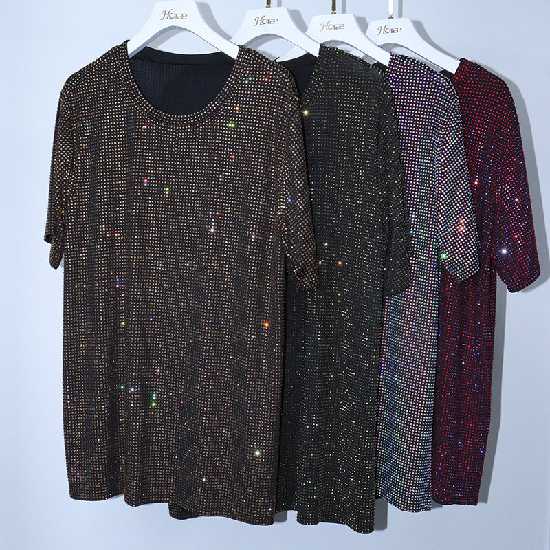 HORAE Shiny Full Diamond Crew Neck Short Sleeve Oversized T-Shirt Top