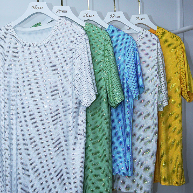 HORAE Shiny Full Diamond Crew Neck Short Sleeve Oversized T-Shirt Top