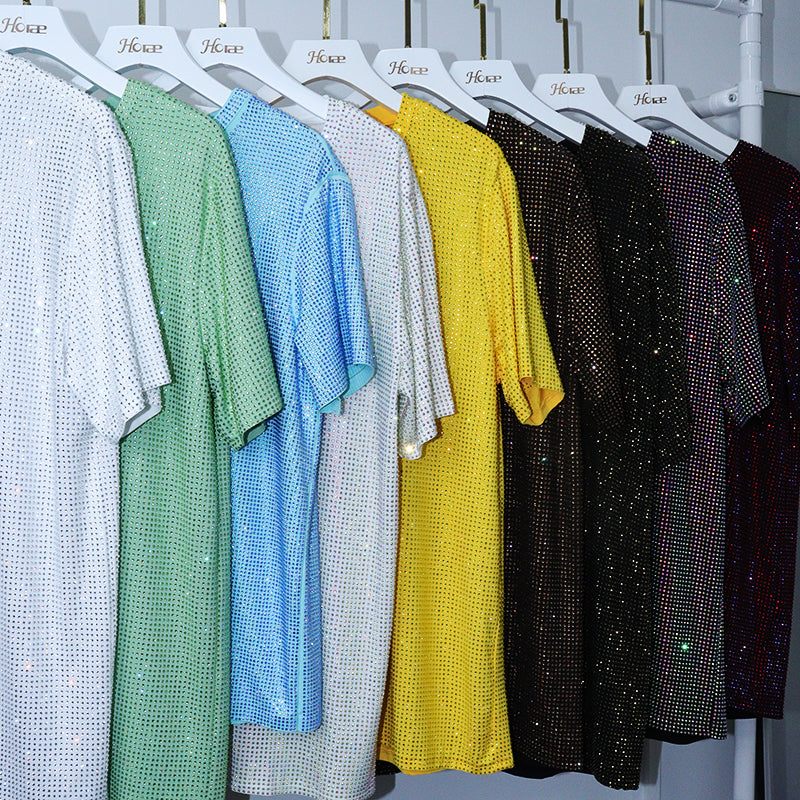 HORAE Shiny Full Diamond Crew Neck Short Sleeve Oversized T-Shirt Top
