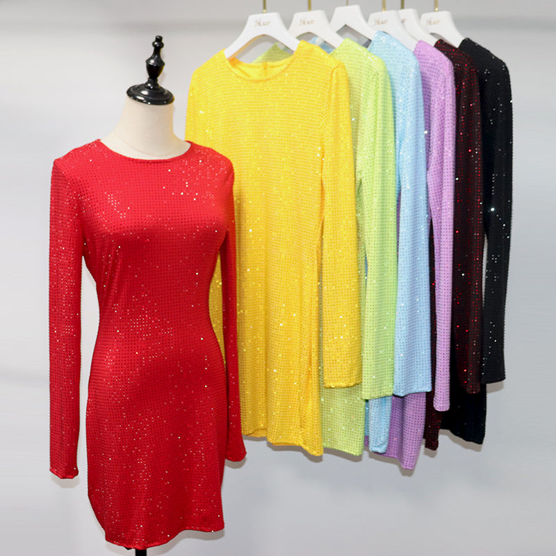 HORAE Glitter Rhinestone Bodycon Long Sleeve Party Mini Dress