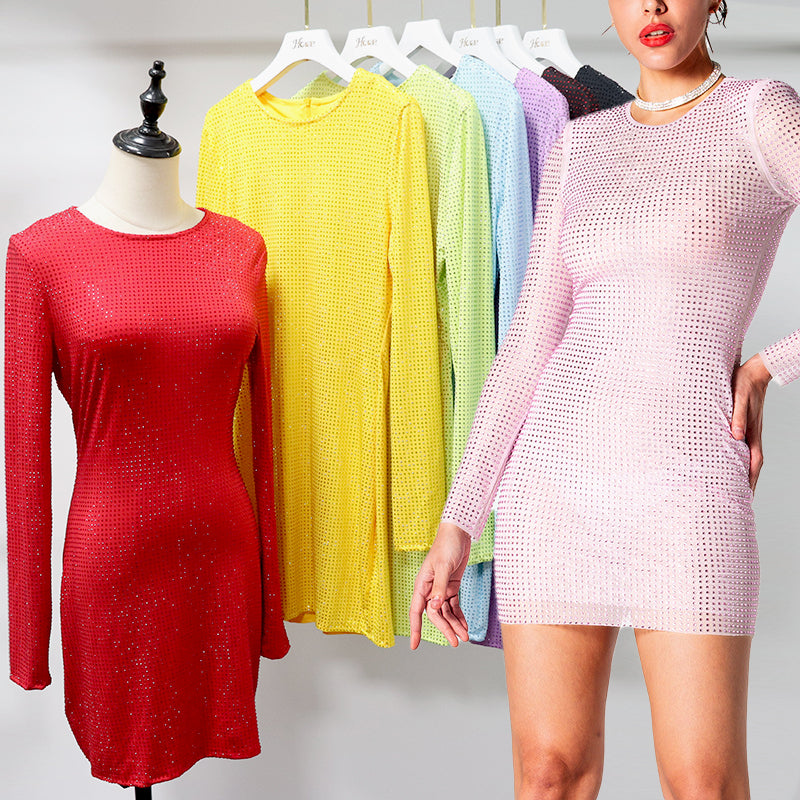 HORAE Glitter Rhinestone Bodycon Long Sleeve Party Mini Dress