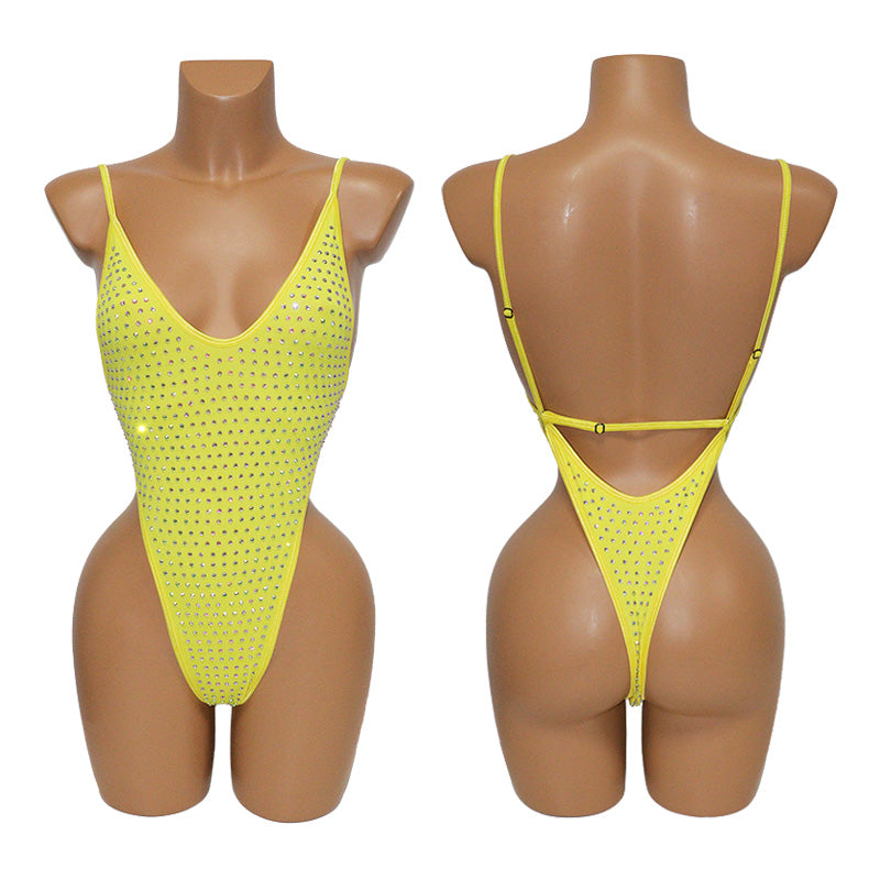 HORAE Glitter Rhinestone Deep V Backless High Cut Monokini Swimsuit