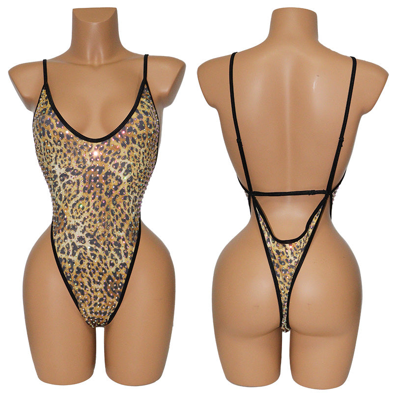 HORAE Glitter Rhinestone Deep V Backless High Cut Monokini Swimsuit