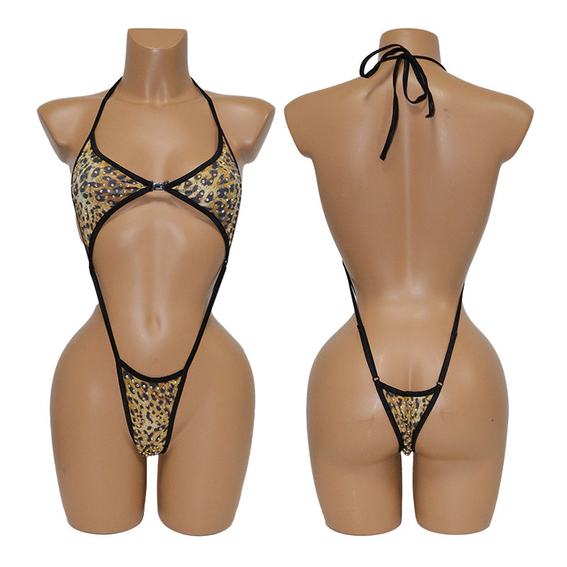 HORAE Glitter Crystal Extreme High-Cut Sling Thong One Piece Festival Swimwear