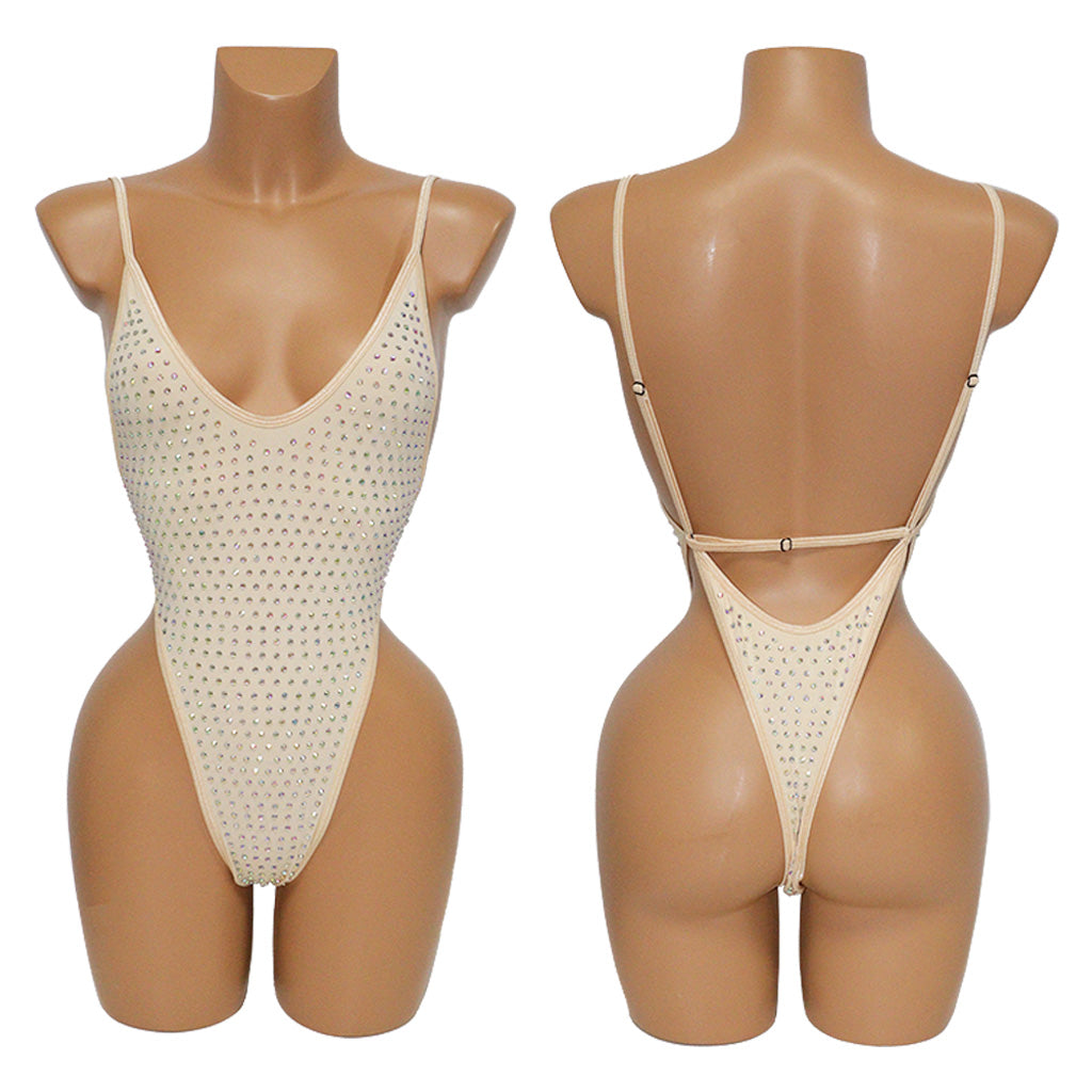 HORAE Glitter Rhinestone Deep V Backless High Cut Monokini Swimsuit