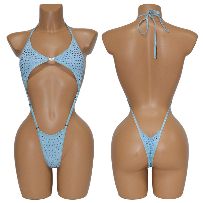 HORAE Glitter Crystal Extreme High-Cut Sling Thong One Piece Festival Swimwear