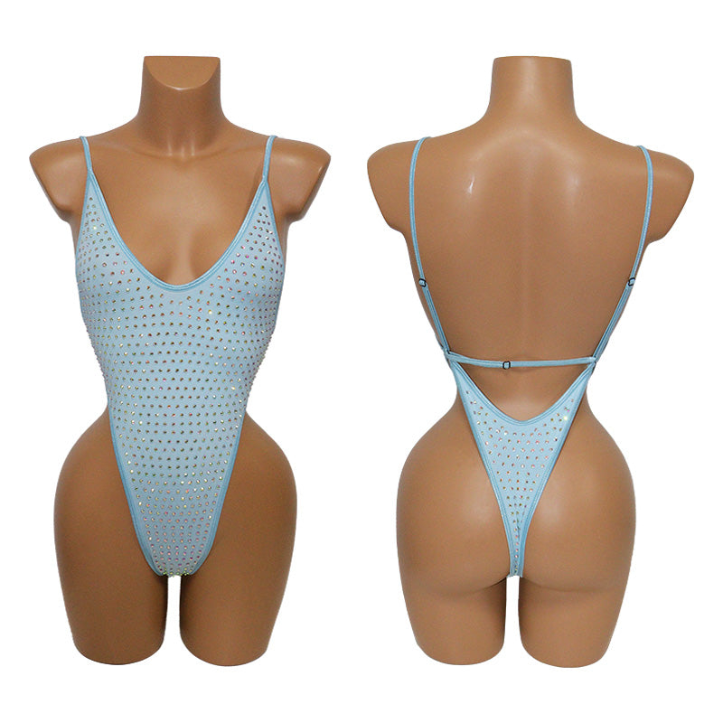 HORAE Glitter Rhinestone Deep V Backless High Cut Monokini Swimsuit