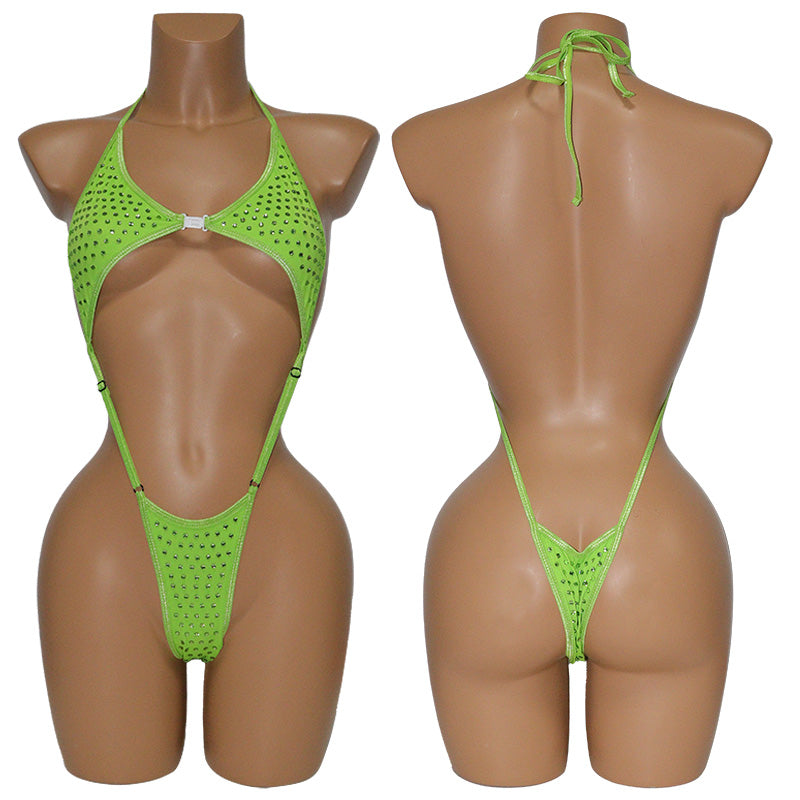 HORAE Glitter Crystal Extreme High-Cut Sling Thong One Piece Festival Swimwear