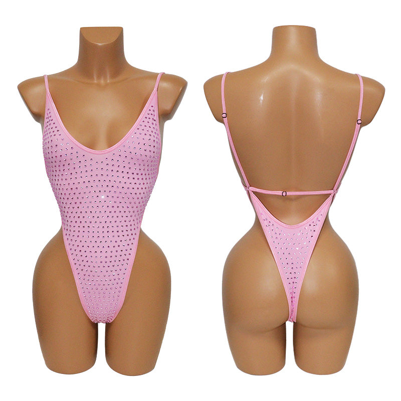 HORAE Glitter Rhinestone Deep V Backless High Cut Monokini Swimsuit