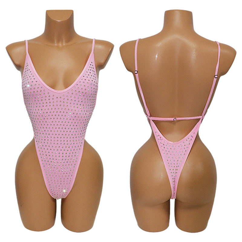 HORAE Glitter Rhinestone Deep V Backless High Cut Monokini Swimsuit